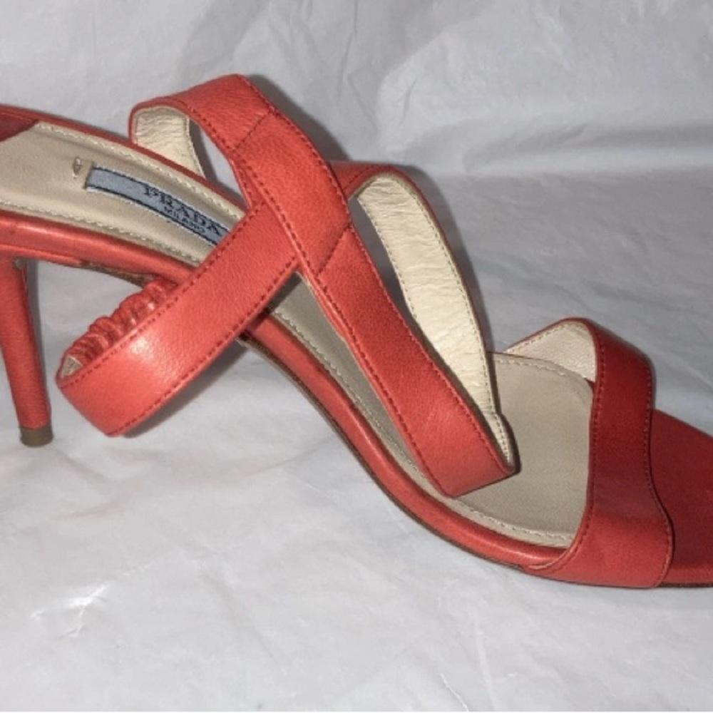 PRADA Leather Sling Back Open Toe Orange Cross Strappy On Shoes 37 US 6.5 - Picture 2 of 7